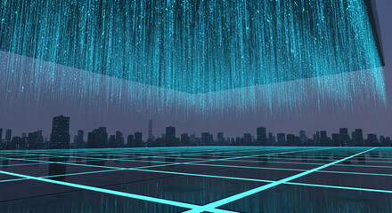 Night city skyline with cyan light streams and grid pattern. It represents a futuristic or digital landscape, technology or data flow concept