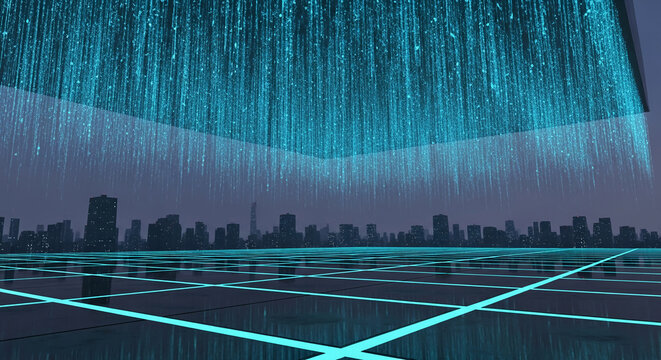 Night city skyline with cyan light streams and grid pattern. It represents a futuristic or digital landscape, technology or data flow concept