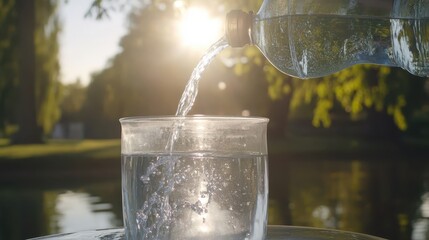 Purified water being poured into a clear glass outdoors in bright sunlight