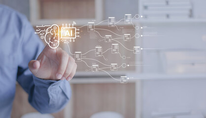 Businessman interacting with an AI interface presenting machine learning, data processing, and intelligent automation through digital diagrams and neural network connections.
