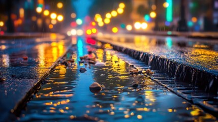 Rainy Street Overflowing with Water in a City at Night