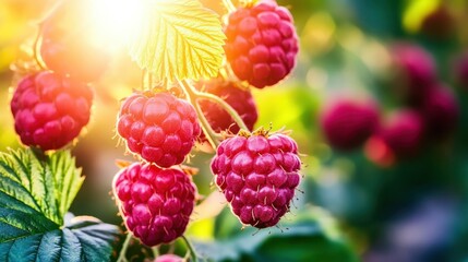 Ripe red raspberries with sunlight filtering through the leaves