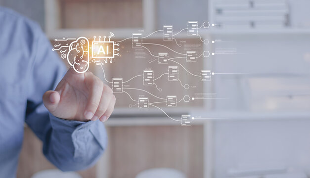 Businessman interacting with an AI interface presenting machine learning, data processing, and intelligent automation through digital diagrams and neural network connections. - Powered by Adobe