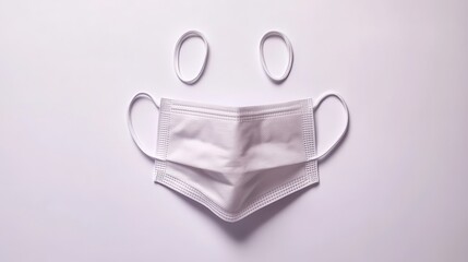 White surgical face mask with elastic ear loops laid flat against a white background forming a smiley face