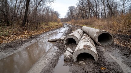 Severed concrete pipe sections lying broken in a muddy rural road with puddles and bare trees in autumn