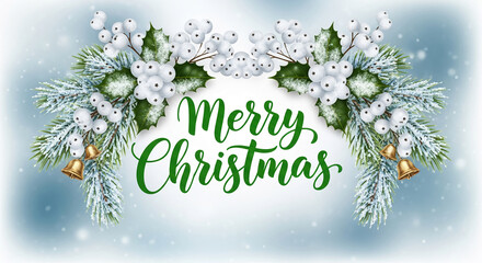 Festive scene with snowy pine branches, holly, and white berries, framing "Merry Christmas" text, showcasing holiday cheer and seasonal celebration