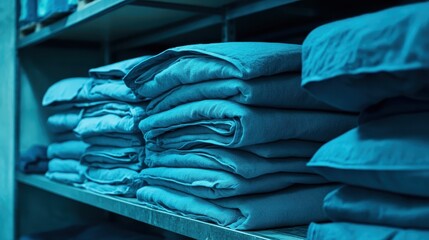 Stacks of folded fire resistant blankets neatly organized on a blue shelf