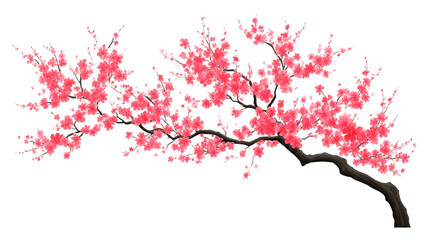 Fototapeta premium Cherry blossom branch with vibrant pink flowers and dark brown bark, symbolizing spring and renewal, isolated on transparent background, evoking peaceful and delicate mood