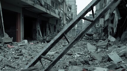 Twisted steel beams protrude from rubble strewn across a damaged urban street after a catastrophic event