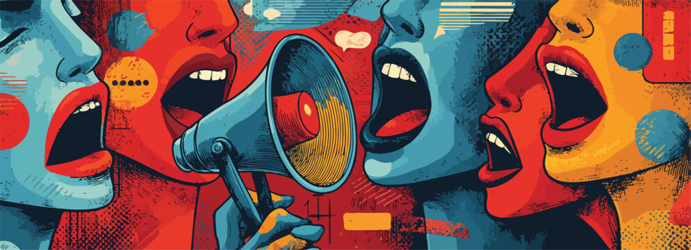 Ilustra&ccedil;&atilde;o vetorial vibrante de mulheres gritando com megafone, simbolizando protesto, ativismo e comunica&ccedil;&atilde;o amplificada.