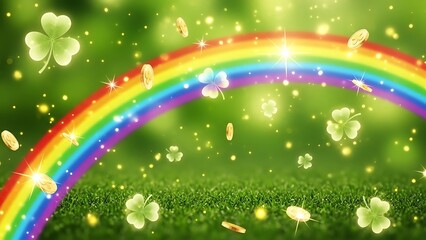 Enchanted St Patricks Day scene with a rainbow clovers and falling gold coins evoking fortune and magic in a vibrant green landscape suitable for celebratory themes