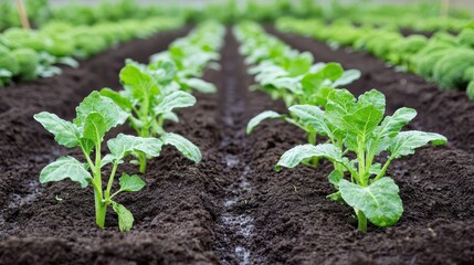 Young broccoli plants growing in rows of dark rich earth outdoors