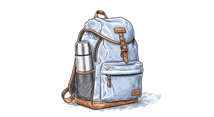 Stylish blue backpack with brown accents and water bottle holder  