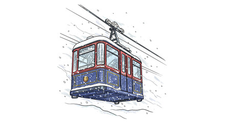 Vintage cable car traveling through snowy landscape in winter  