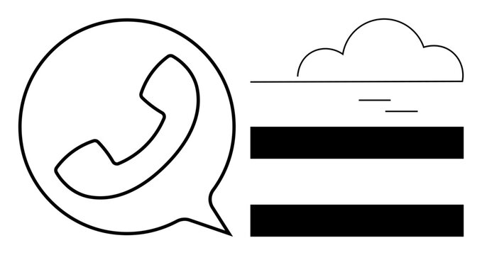 Phone icon in speech bubble alongside a cloud and two horizontal bars. Ideal for communication, cloud storage, messaging, networking, telecommunication, customer service, technology. Simple flat