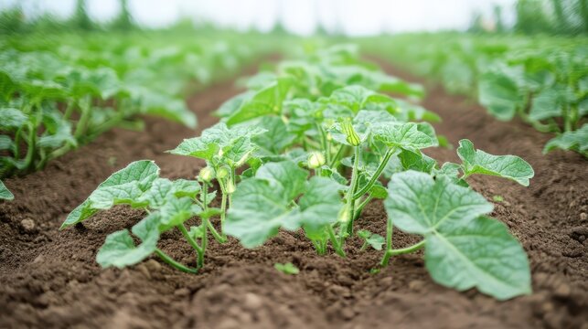 Young organic zucchini plants growing in garden soil