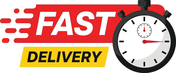 Obraz premium Fast delivery service concept with a stopwatch icon and speed lines, symbolizing quick shipping, express logistics, and timely order fulfillment.