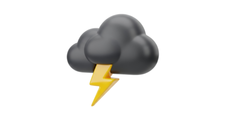Dark gray storm cloud with yellow lightning bolt isolated PNG, weather forecast element on transparent background for graphic design use