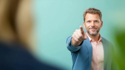 Point of Focus: Confident man with a warm smile, extending his arm and index finger towards the viewer, fostering a sense of connection and inviting interaction. 