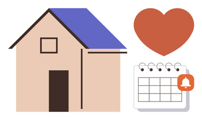 Simple house, red heart, and calendar with alert icon emphasize home care, love, and time management. Ideal for health, safety, scheduling family well-being real estate and planning. Simple flat