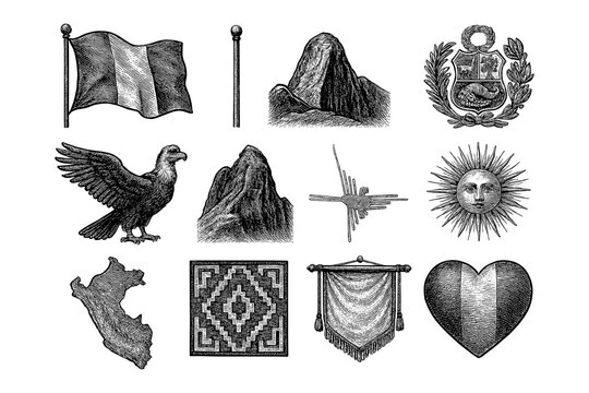 Intricate peruvian cultural symbols in detailed hand-drawn etching style