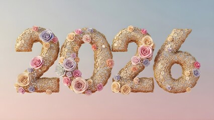 Festive 2026 number crafted with golden lace and pastel roses