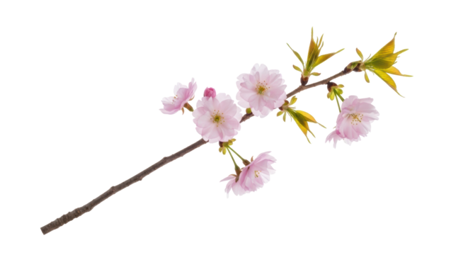 Delicate pink cherry blossom branch isolated PNG, spring bloom with fresh green leaves on transparent background for design and decoration