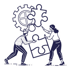 Two people collaborating to assemble a large puzzle piece with a gear in the background symbolizing teamwork and problem solving