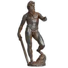 Bronze statue of a muscular man standing on a lion's head, holding a staff, showcasing ancient artistry and strength