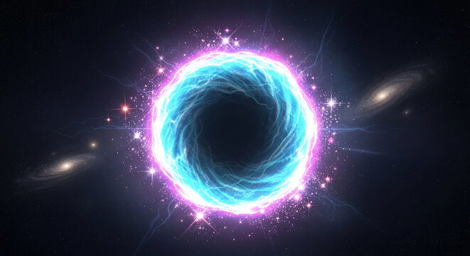 A glowing cyan and pink vortex surrounded by sparks in deep space with a distant galaxy, representing portal or cosmic event, suitable for fantasy concepts