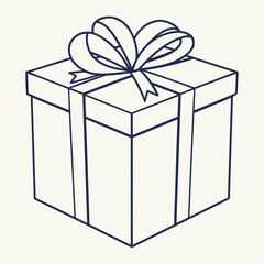 A simple line art drawing of a square gift box tied with a ribbon and a bow perfect for celebrations and special occasions