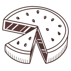 Stylized hand drawn illustration of a round cake with a slice removed decorated with dark seed shapes and striped layers isolated on a white background