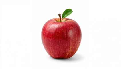 Red apple with green leaf on a white background. Fresh and ripe fruit. Healthy snack and natural food concept.