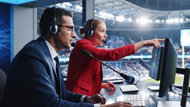 Sports commentators in a booth overlooking a stadium.