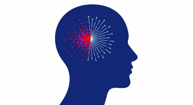 A conceptual illustration depicts a human head silhouette with an abstract representation of thoughts and ideas radiating outwards in a visual display.