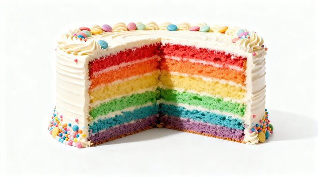 Whole Rainbow Layer Cake with White Frosting and Colorful Candy Beads - Festive Dessert for Pride Celebrations, Children��s Birthdays