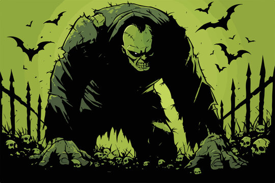 Monstro assustador de Frankenstein rastejando de um cemit&eacute;rio com morcegos voando.