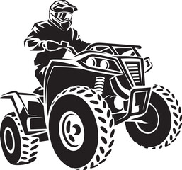 Cool quad bike with rider wearing helmet races across terrain on four large tires © MDSHOFIQUL