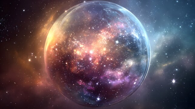 Glowing celestial sphere filled with stellar formations is suspended in deep space - Powered by Adobe