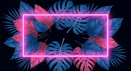 Vibrant neon frame surrounded by tropical leaves in pink and blue hues on a dark background, abstract exotic foliage design