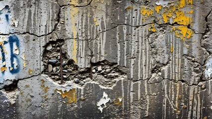 Gritty old concrete wall with cracks, peeling paint, and rebar