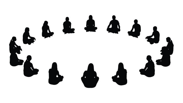 People silhouettes sitting in a circle isolated on white background, Vector