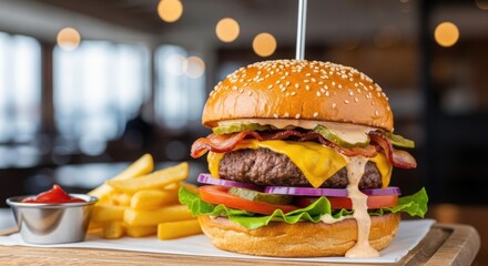 Delicious double cheeseburger with crispy fries and sauce