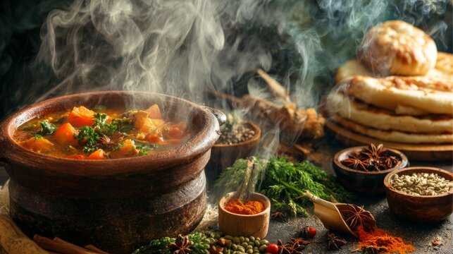Steaming bowl of aromatic vegetable stew served with freshly baked flatbread and vibrant spices, perfect for cozy gatherings and culinary delights