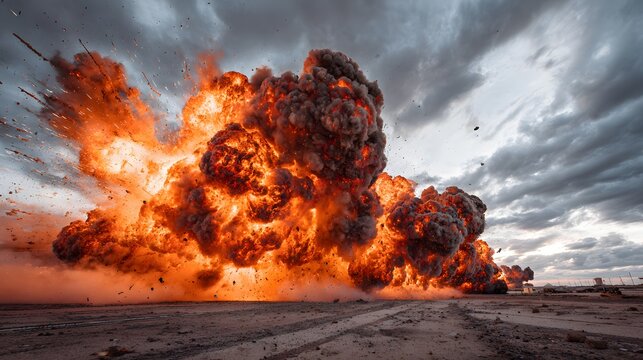 Massive detonation erupts violently across an arid landscape under a stormy sky