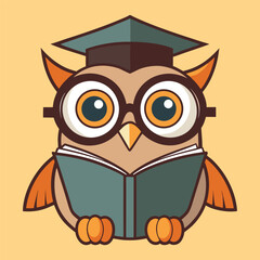 An owl wearing glasses and a graduation cap is reading a book, symbolizing education, wisdom, and the pursuit of knowledge in a charming illustration