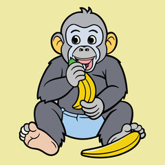 Fototapeta premium A cute baby gorilla wearing a diaper is happily eating a ripe banana while sitting down, enjoying its sweet and nutritious snack on a light yellow background