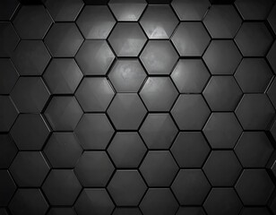 Naklejka premium Close-up of black hexagonal tiles in a repeating pattern. The tiles are subtly lit from above, creating shadows