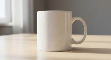 Obraz premium White ceramic mug sitting on a light wooden surface