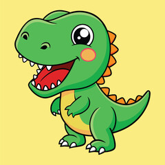 Naklejka premium Adorable cartoon dinosaur with a big smile and bright green skin, standing on a yellow background, creating a cheerful and playful illustration
